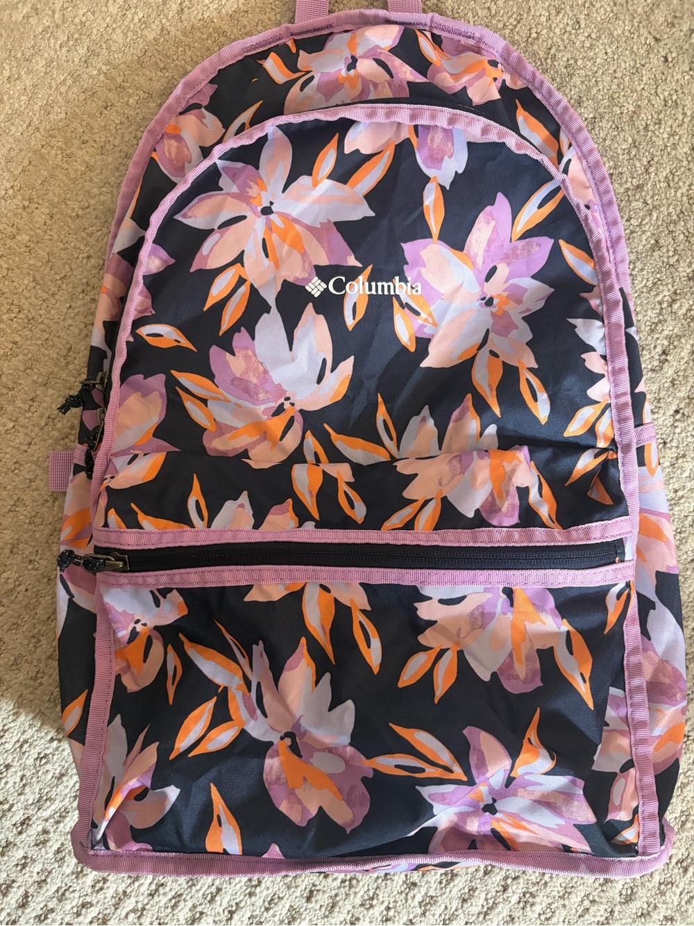 Columbia Floral Print packable Backpack - navy blue with Pink & Orange